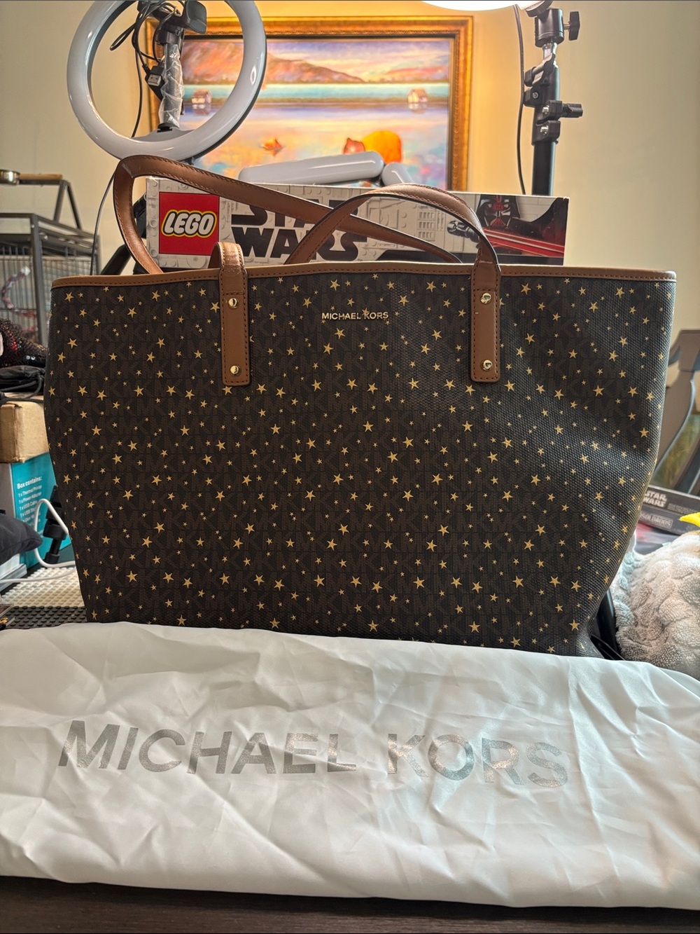 Michael Kors Brown Tote with Gold Star Print
